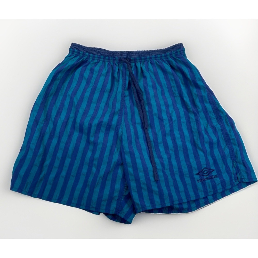 Vintage Umbro Shorts Mens L Striped Blue Logo Soccer 90s Athleisure Nylon